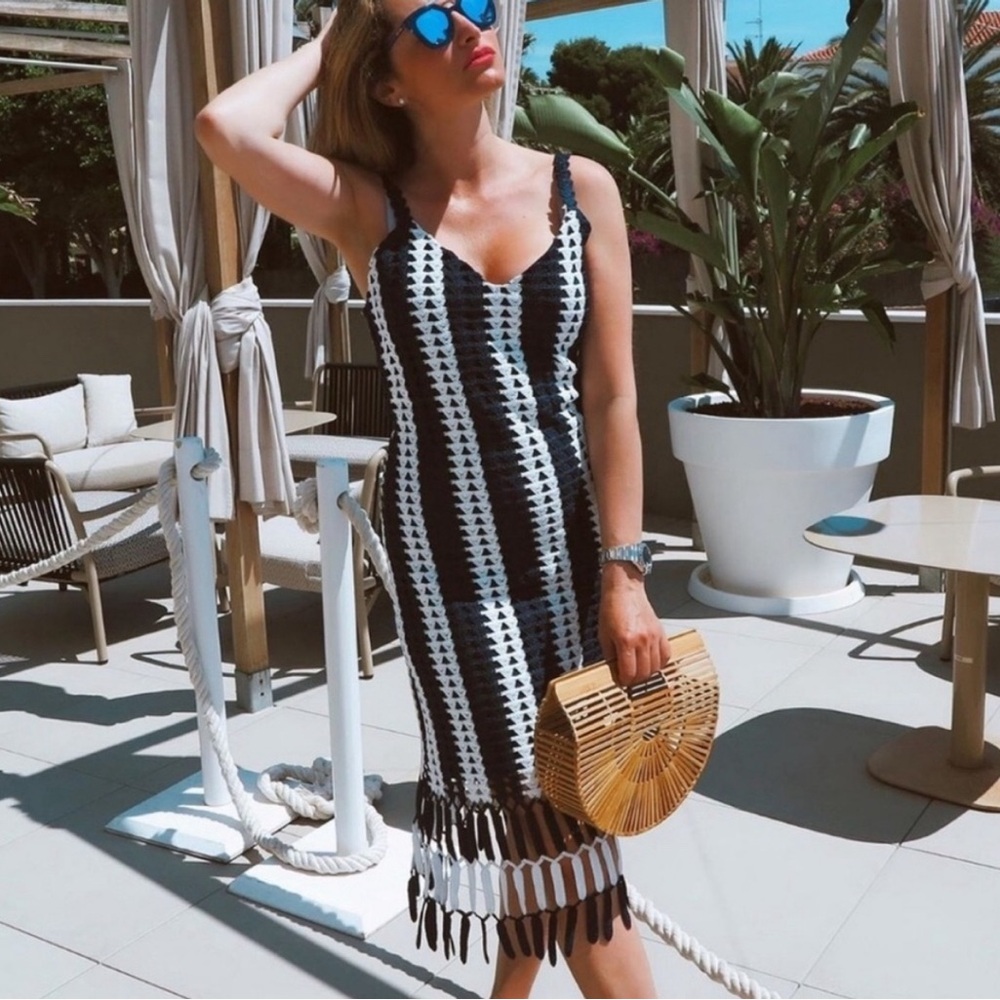 Zara Navy Striped Crochet Midi Dress